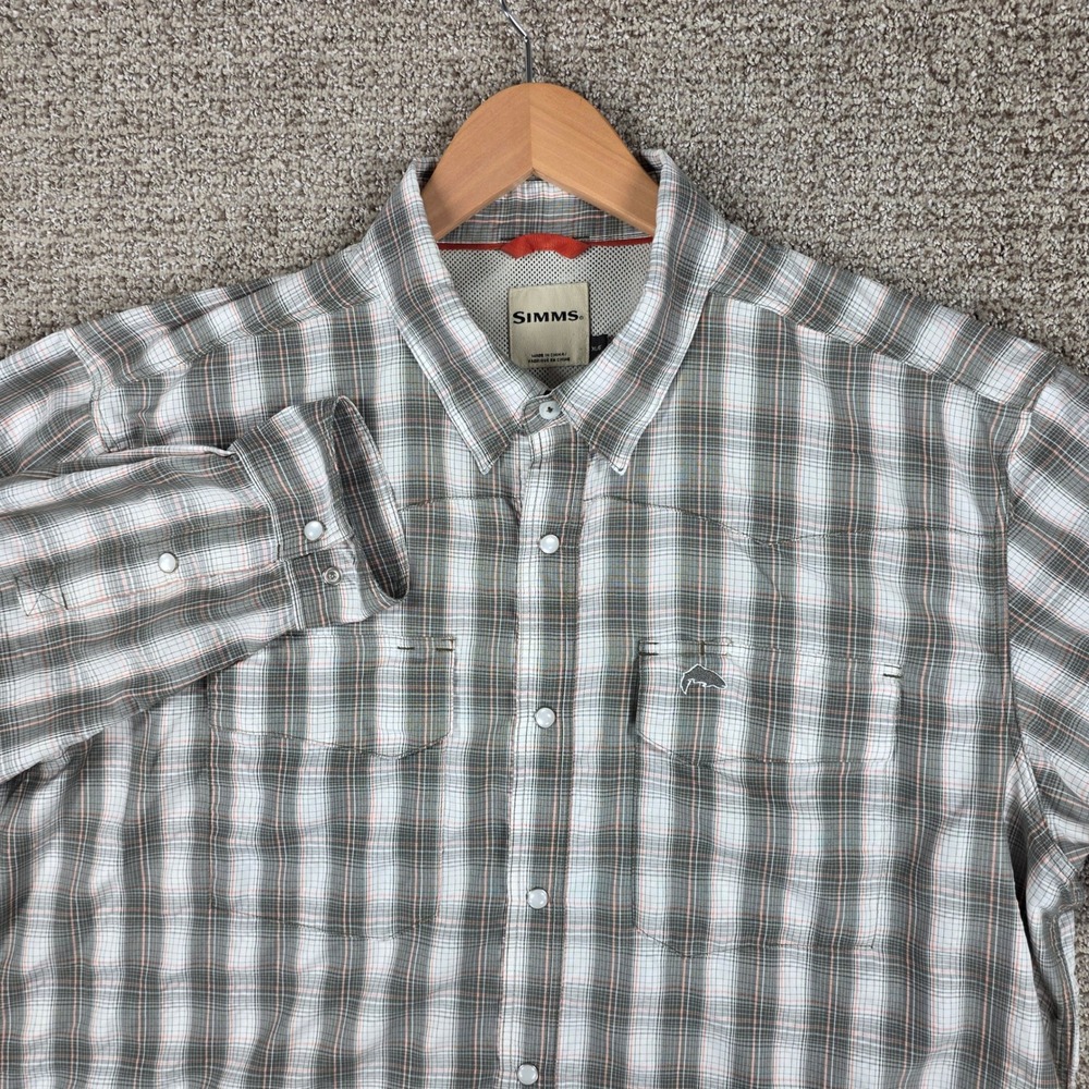 Simms Mens Big Sky XL Green Plaid Long Sleeve Pearl Snap Fishing Shirt Vented